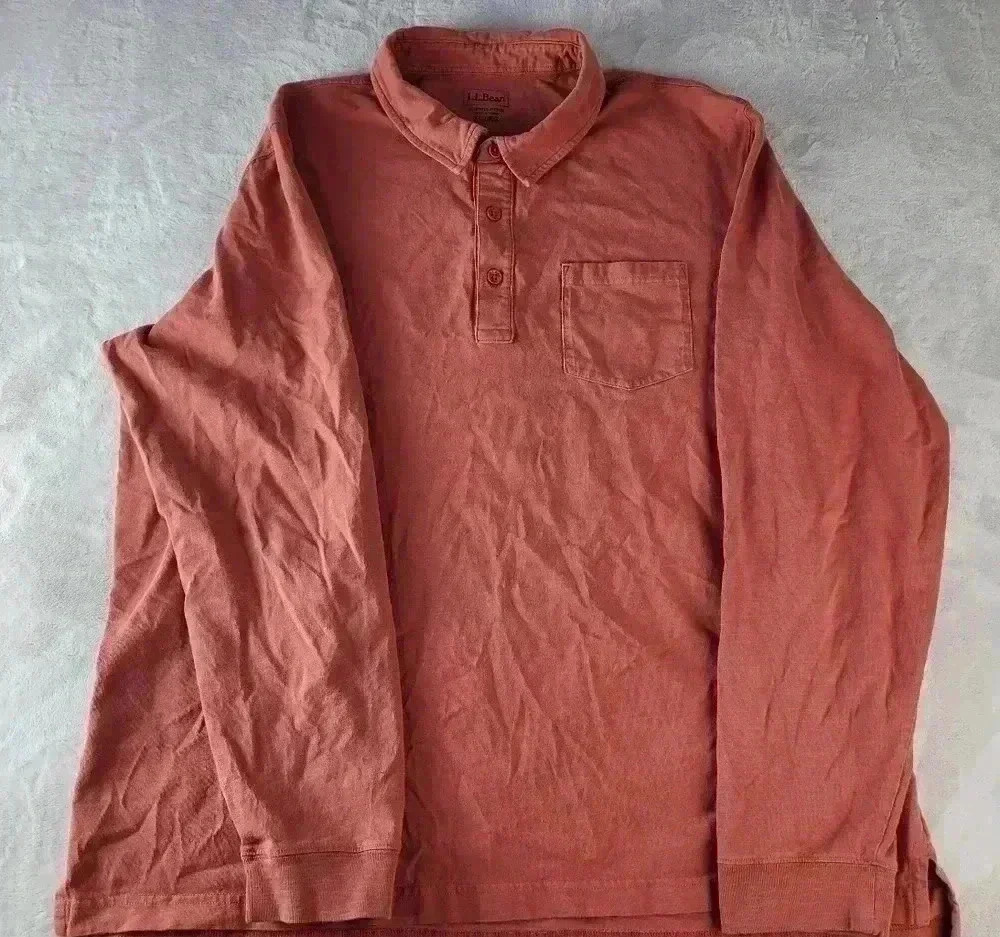 LL Bean Mens Long Sleeve Polo Shirt Slightly Fitted Salmon XL Organic Cotton